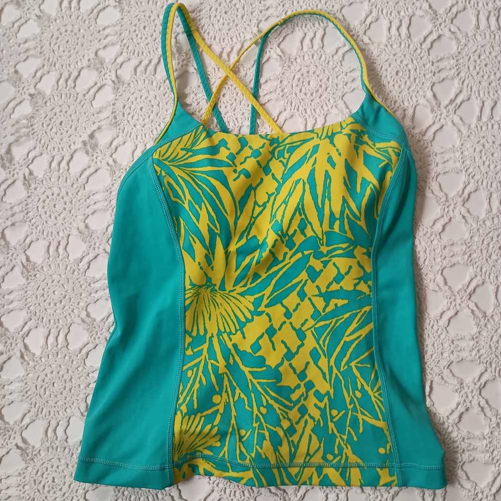 Lands' End Swimsuit Tank top Tankini Aqua Blue Yellow Floral 8 Women